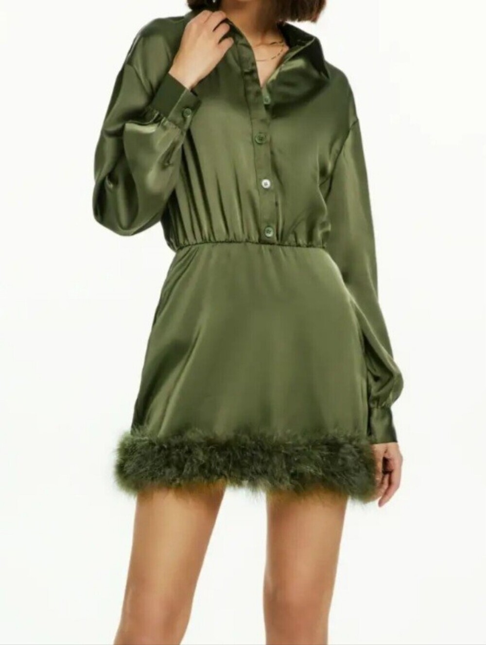 Cider Satin Faux Feather Trim Collar Mini Dress